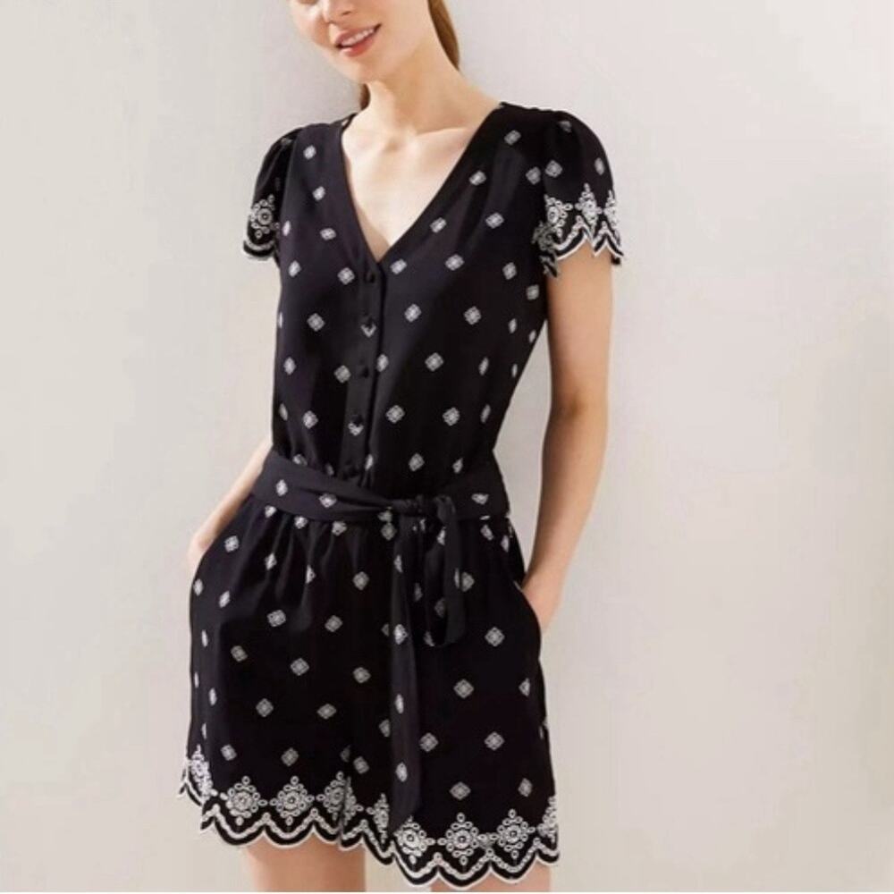 LOFT Black White Scalloped Hem Embroidered Romper Black Elastic Waist Sz S